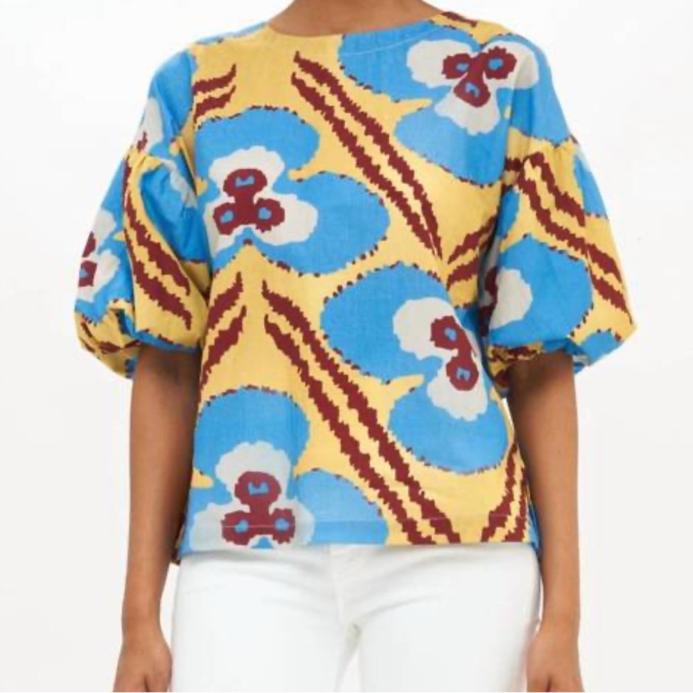 Oliphant Tuckernuck Blouse Women's XS Mustard Abstract Puff Sleeve $168 NWT ✅